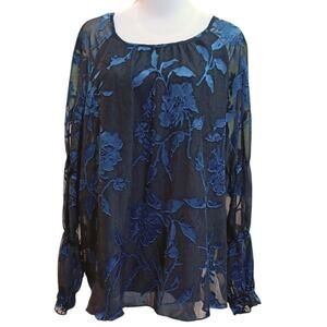ALFANI Blouse Top XL Romantic Floral Fairy Medieval Whimsigoth Royal Blue Black